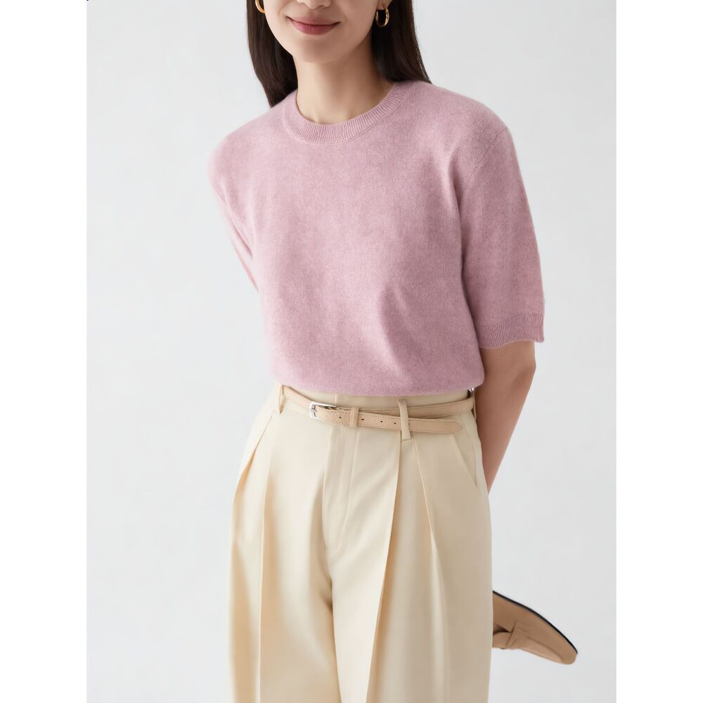 Quince Mongolian Cashmere Tee Womens XL Mauve Mist Pink Short Sleeve Sweater